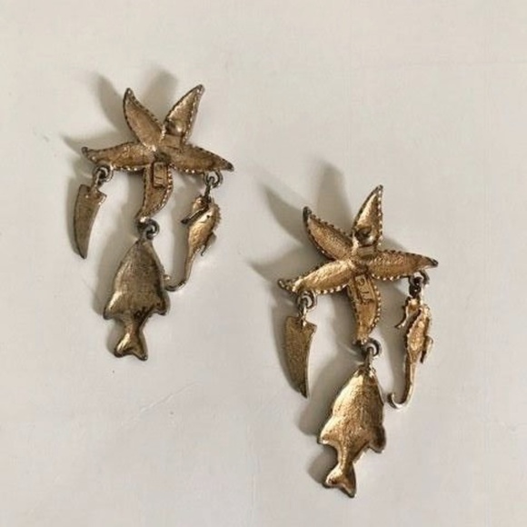 Starfish Earrings Posts Seahorse Fish Vintage - Picture 2 of 2